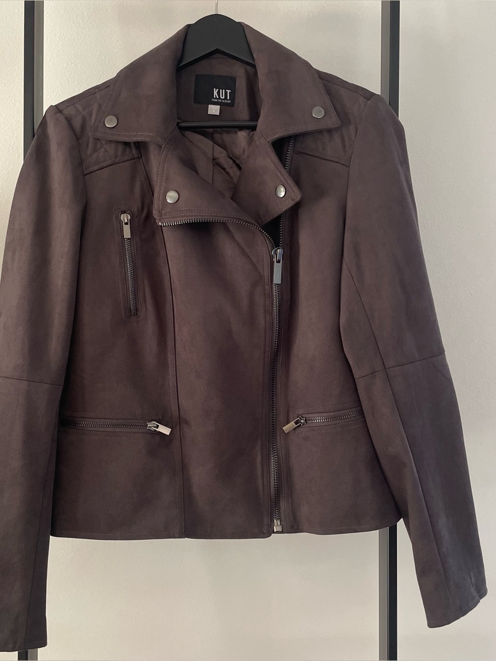 KUT FROM THE KLOTH Milana Faux Suede Drape Moto Jacket Brown Medium Womens Coat